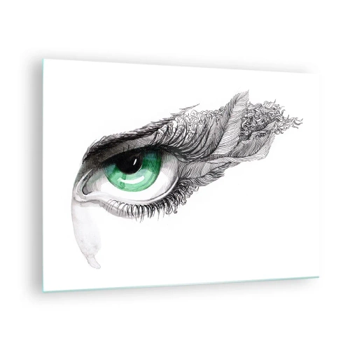 Quadro em vidro - Olho verde com detalhes de penas e padrões abstratos - 70x50cm - Bonita e pronta para atacar - Decoração de parede moderna para a sala de estar e quarto ARTTOR