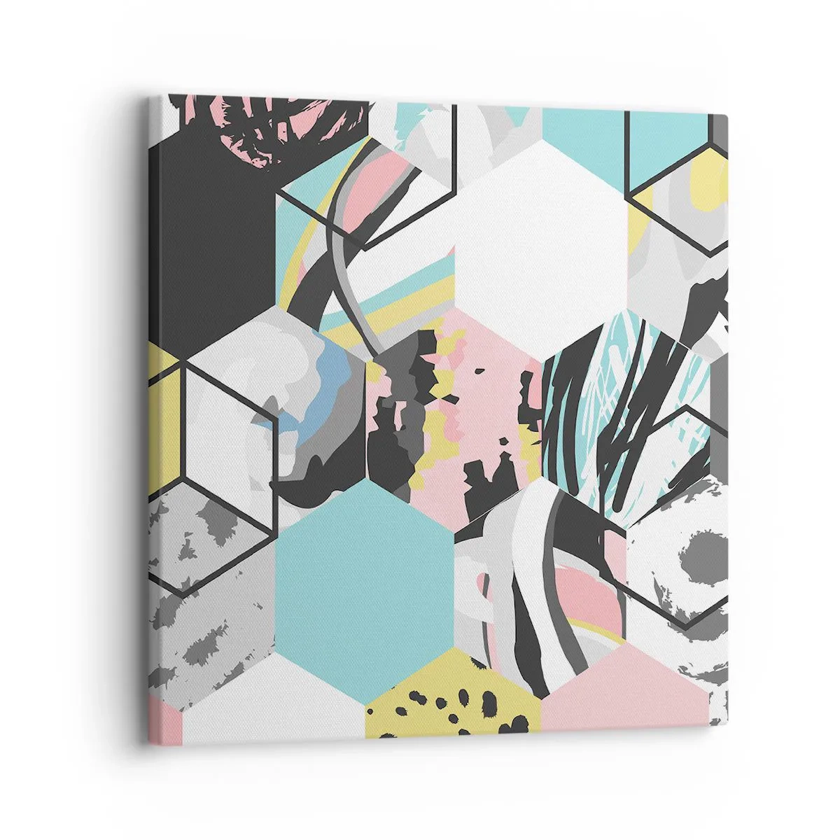 Quadro em tela - Hexágonos e cubos em seis cores - 30x30 cm
