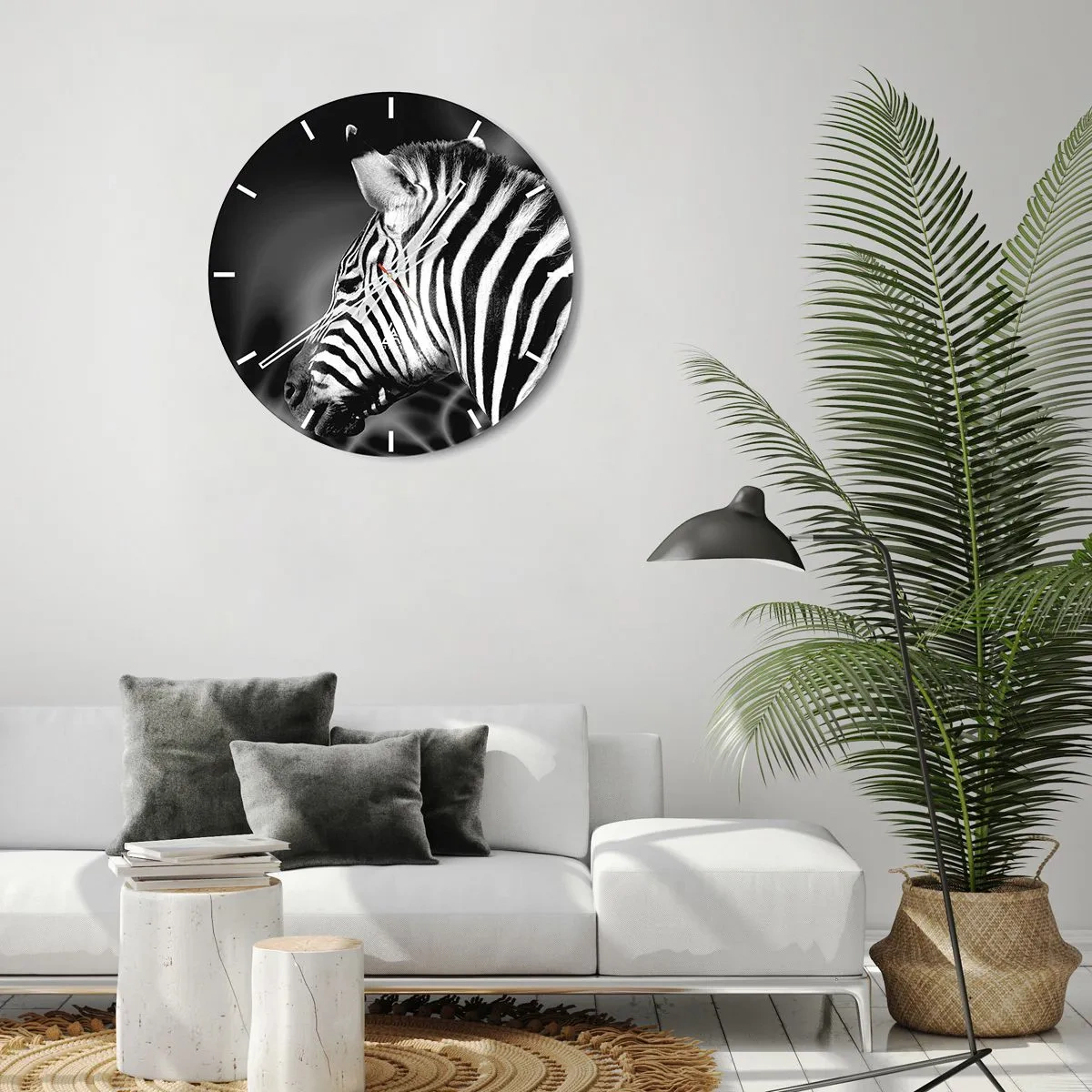 Relógio de parede - Relógio em vidro - Close-up em preto e branco de uma zebra contra um fundo contrastante - 30x30cm - O branco é branco e o preto é preto - Decoração de parede moderna para a sala de estar, cozinha e quarto ARTTOR