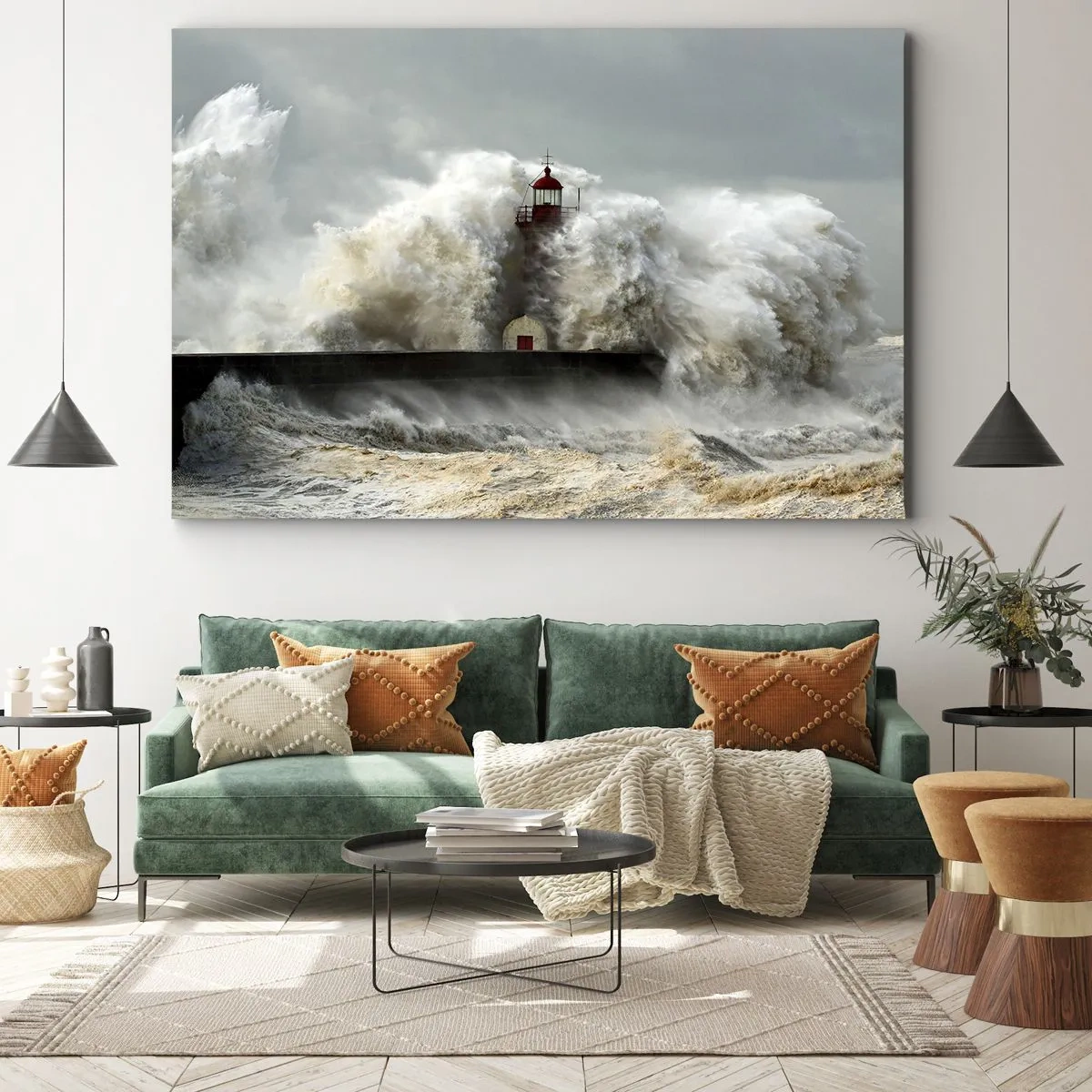 Quadro em tela - Um farol cercado por ondas fortes durante uma tempestade - 70x50cm - A ira do oceano - Decoração de parede moderna para a sala de estar e quarto ARTTOR