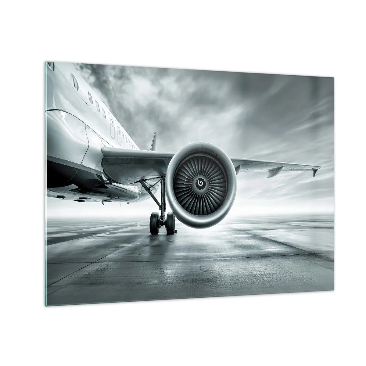 Quadro em vidro - A turbina de um avião de passageiros na pista ao amanhecer - 70x50cm - Há poder! - Decoração de parede moderna para a sala de estar e quarto ARTTOR