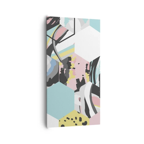 Quadro em tela - Hexágonos e cubos em seis cores - 65x120 cm