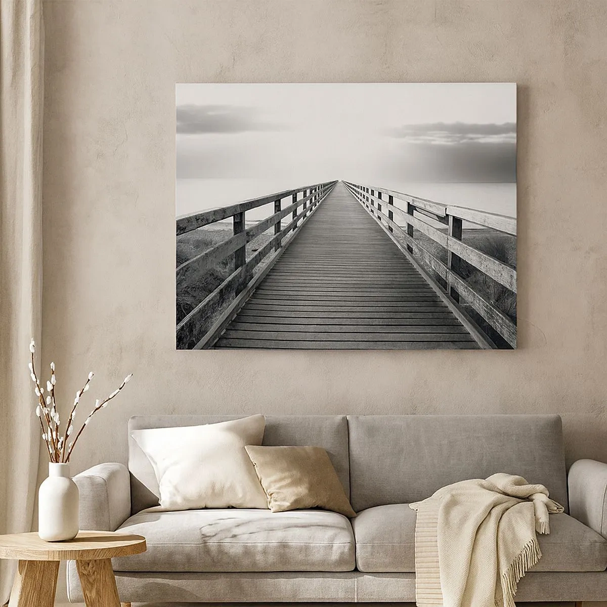 Quadro em tela - Uma imagem em preto e branco de um cais de madeira em direção ao horizonte. - 70x50cm - Para longe... - Decoração de parede moderna para a sala de estar e quarto ARTTOR