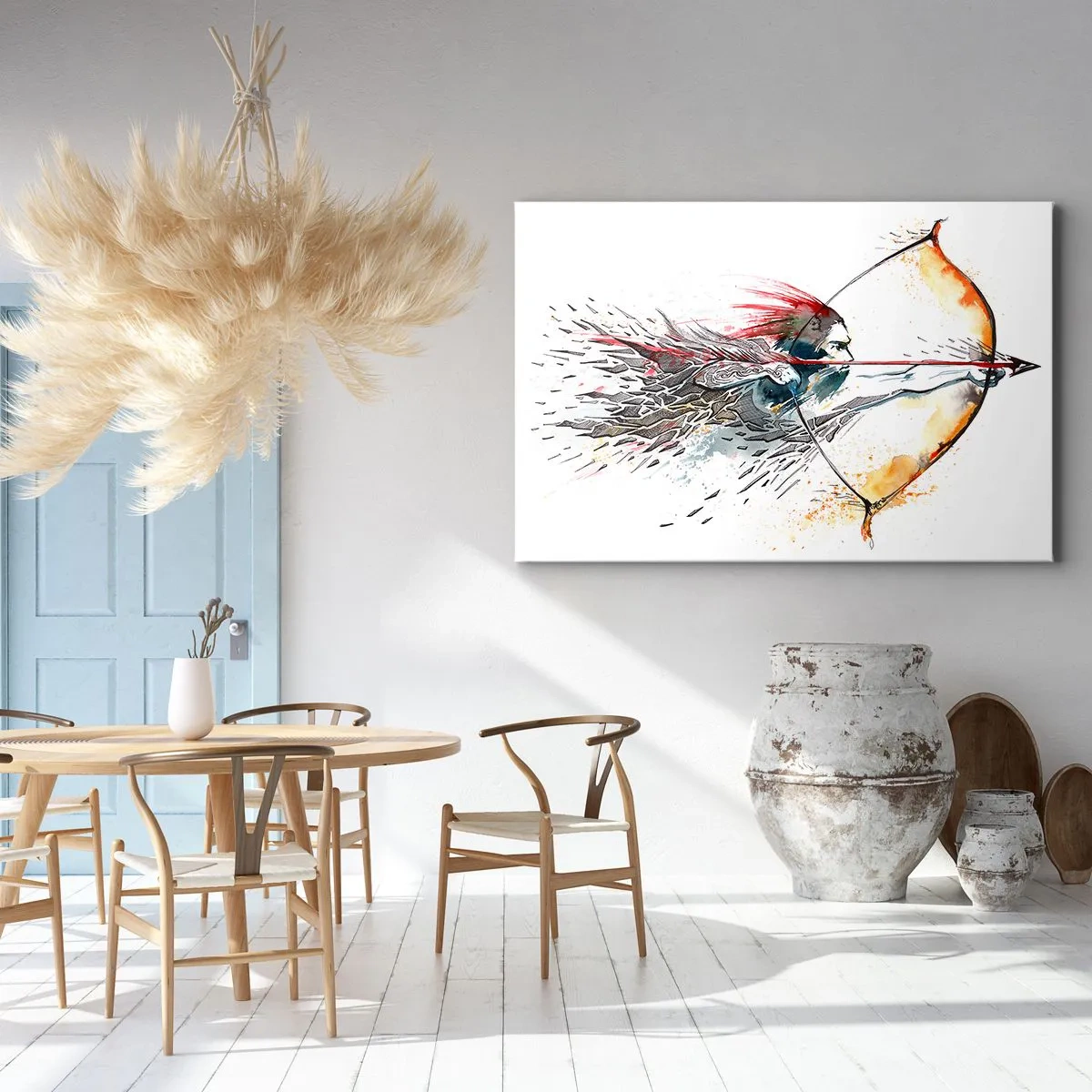 Quadro em tela - Pintura em aquarela dinâmica de um guerreiro com arco e flecha - 70x50cm - Guerreiro mítico com um arco de fogo - Decoração de parede moderna para a sala de estar e quarto ARTTOR