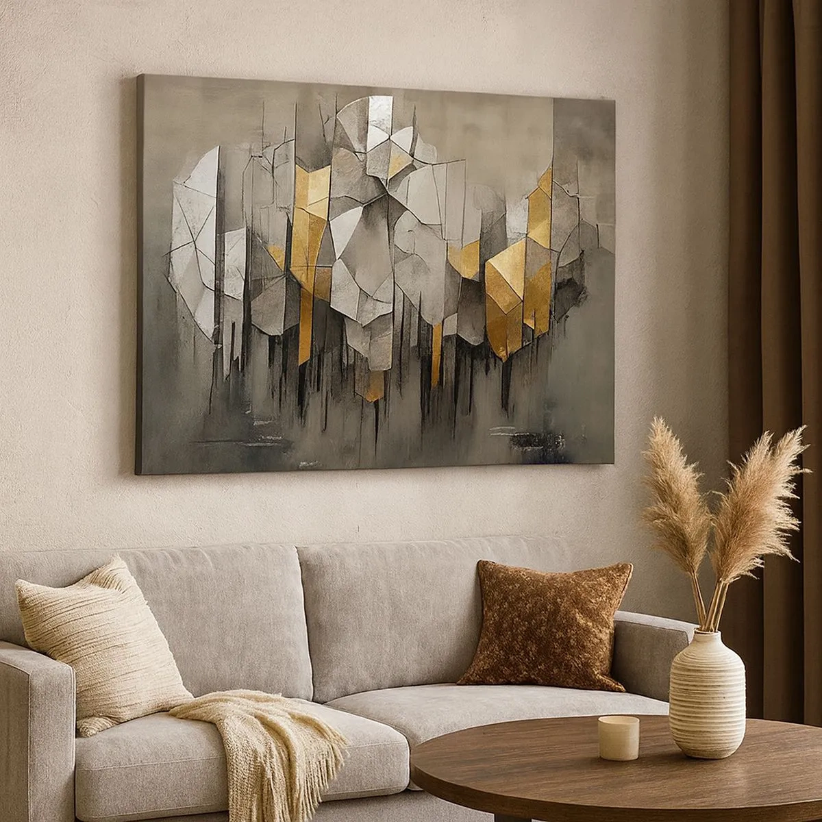 Quadro em tela - Abstração geométrica em tons de dourado e cinza - 70x50cm - Composição de gelo e luz - Decoração de parede moderna para a sala de estar e quarto ARTTOR
