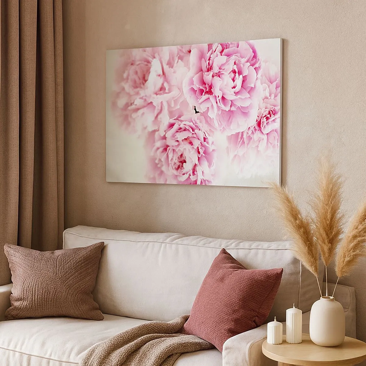 Quadro em tela - Um buquê de peônias rosa em um fundo claro - 70x50cm - Em esplendor rosa - Decoração de parede moderna para a sala de estar e quarto ARTTOR