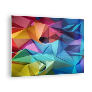 Quadro em vidro - Composição geométrica em tons intensos e multicoloridos - 70x50cm - Arco-íris de origami - Decoração de parede moderna para a sala de estar e quarto ARTTOR