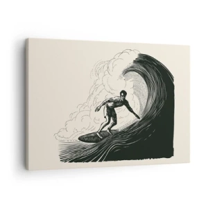 Quadro em tela - Gráfico em preto e branco de um surfista pegando uma onda - 70x50cm - Rei da onda - Decoração de parede moderna para a sala de estar e quarto ARTTOR