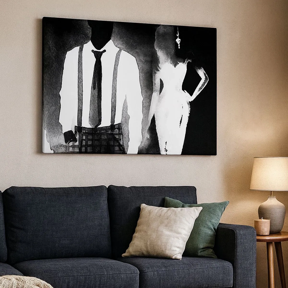 Quadro em tela - Personagens no estilo noir, elegância em preto e branco e mistério - 70x50cm - Num clima noir - Decoração de parede moderna para a sala de estar e quarto ARTTOR