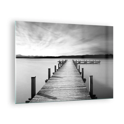 Quadro em vidro - Um cais de madeira leva à distância através de um lago calmo - 70x50cm - A fonte da tranquilidade - Decoração de parede moderna para a sala de estar e quarto ARTTOR