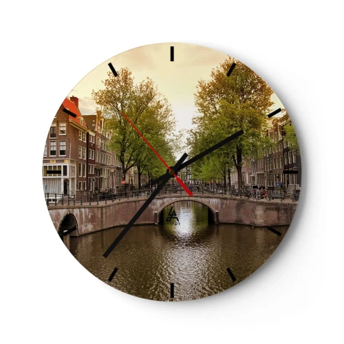 Relógio de parede - Relógio em vidro - Canal com ponte e casas populares em Amsterdã - 30x30cm - De barco ou bicicleta? - Decoração de parede moderna para a sala de estar, cozinha e quarto ARTTOR