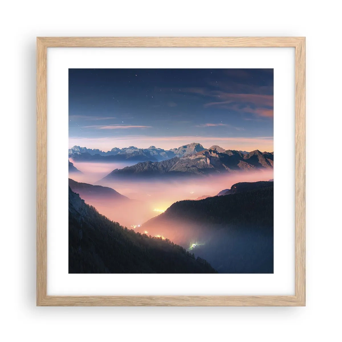Pôster com moldura de carvalho claro - Luz nos vales - 40x40 cm