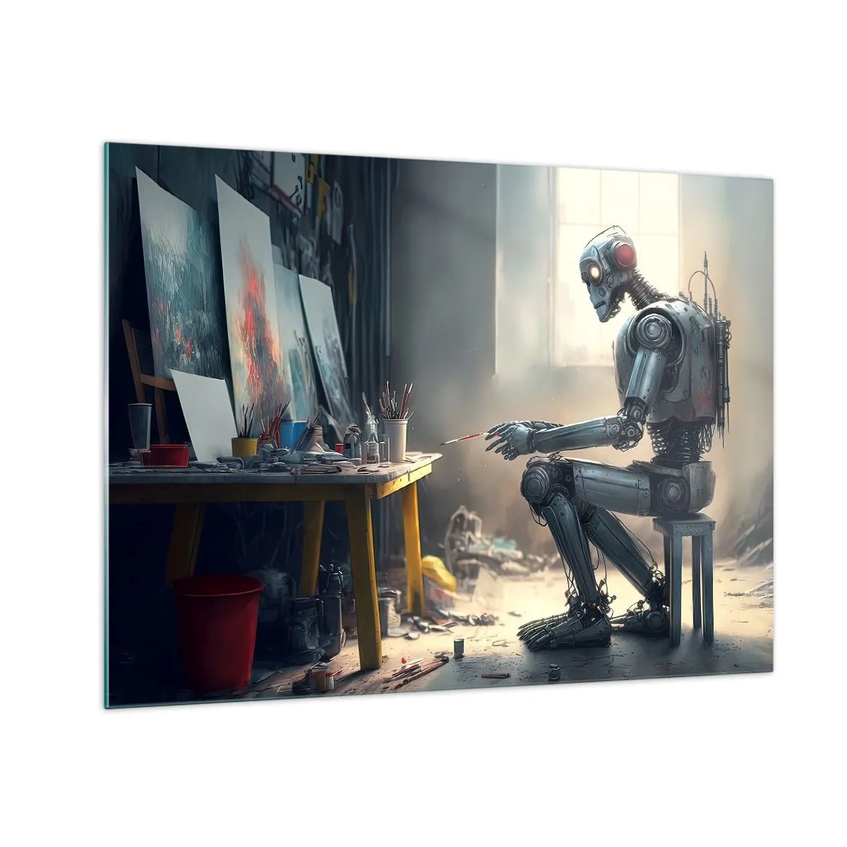 Quadro em vidro - Um robô pintando quadros em um estúdio de arte - 70x50cm - O ato de criação - Decoração de parede moderna para a sala de estar e quarto ARTTOR