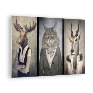 Quadro em vidro - Três retratos surreais de animais em elegantes trajes humanos. - 70x50cm - A pele animal está de volta à moda - Decoração de parede moderna para a sala de estar e quarto ARTTOR