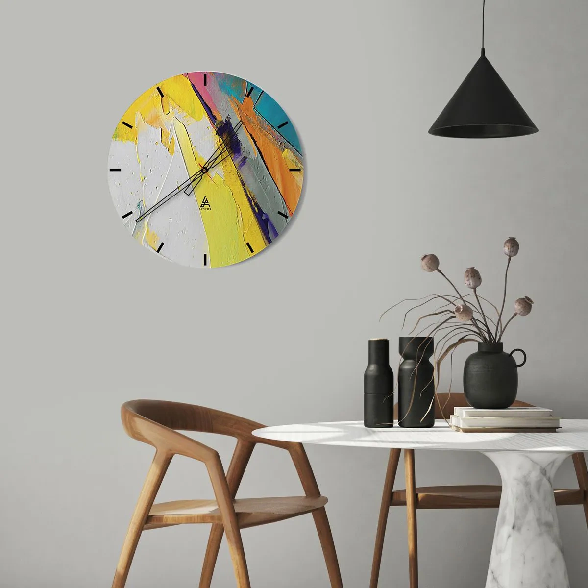 Relógio de parede - Relógio em vidro - Abstração colorida com predominância de amarelo, branco e azul - 30x30cm - Anatomia da luz - Decoração de parede moderna para a sala de estar, cozinha e quarto ARTTOR