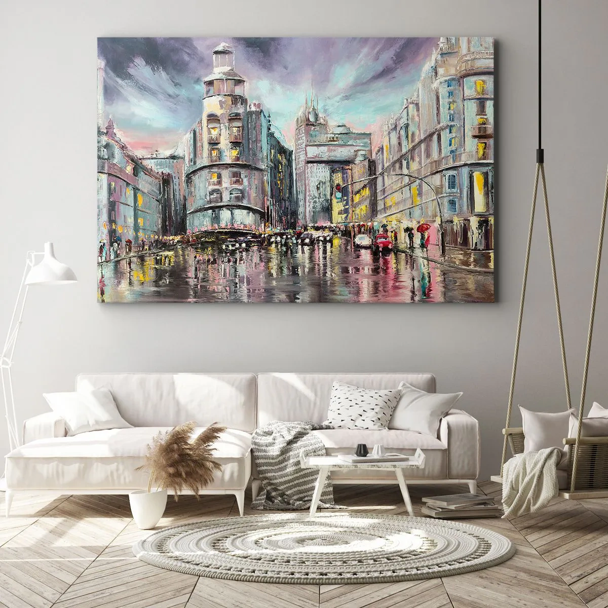 Quadro em tela - Vista noturna da cidade com reflexos na rua molhada - 70x50cm - Será uma noite de sucesso - Decoração de parede moderna para a sala de estar e quarto ARTTOR