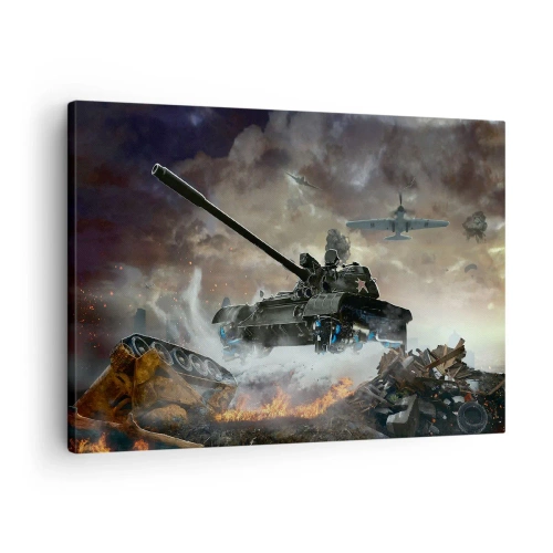 Quadro em tela - Cena de batalha com tanques e aviões ao fundo - 70x50cm - A batalha é terrível e bonita - Decoração de parede moderna para a sala de estar e quarto ARTTOR