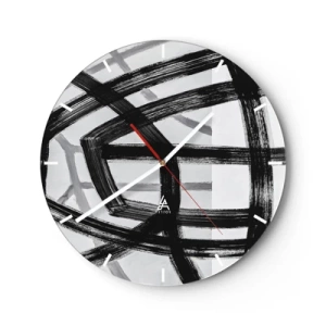 Relógio de parede - Relógio em vidro - Pinceladas pretas dinâmicas criando padrões tridimensionais - 30x30cm - Profundidade de construção - Decoração de parede moderna para a sala de estar, cozinha e quarto ARTTOR
