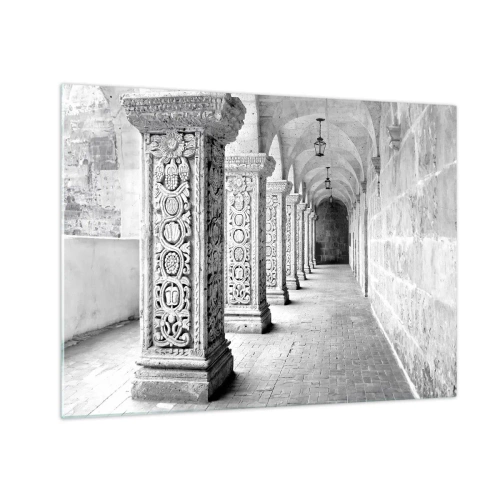 Quadro em vidro - Claustro histórico com colunas esculpidas - 70x50cm - E para onde...? - Decoração de parede moderna para a sala de estar e quarto ARTTOR