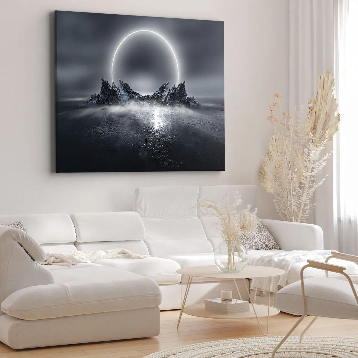Quadro em tela - Paisagem misteriosa com um anel de luz sobre as montanhas - 70x50cm - O fim da história - Decoração de parede moderna para a sala de estar e quarto ARTTOR