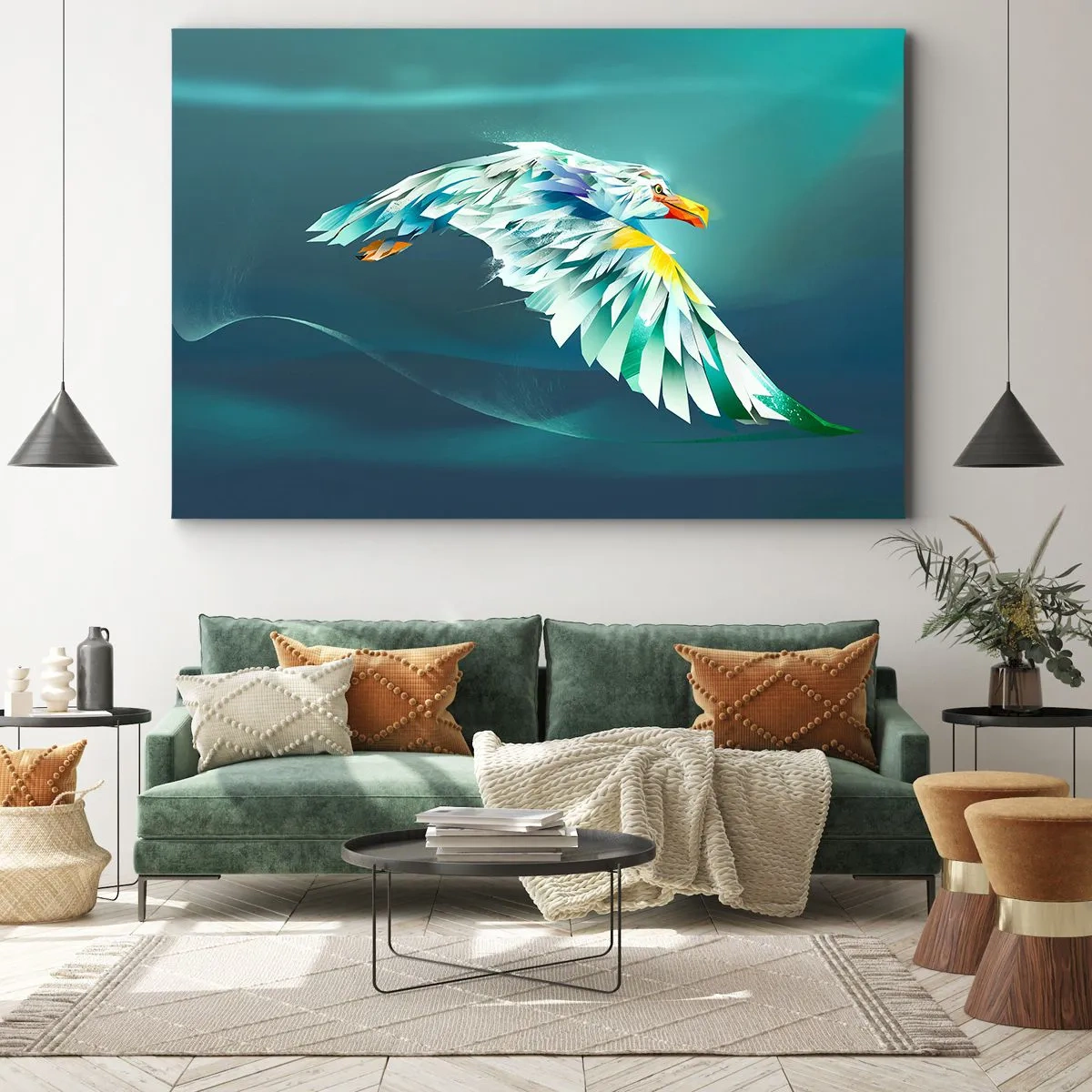 Quadro em tela - Águia abstrata em voo contra um céu turquesa - 70x50cm - O poder da águia - Decoração de parede moderna para a sala de estar e quarto ARTTOR