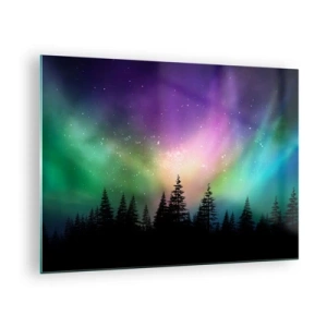 Quadro em vidro - Floresta à noite sob as coloridas Luzes do Norte - 70x50cm - Magia branca - Decoração de parede moderna para a sala de estar e quarto ARTTOR