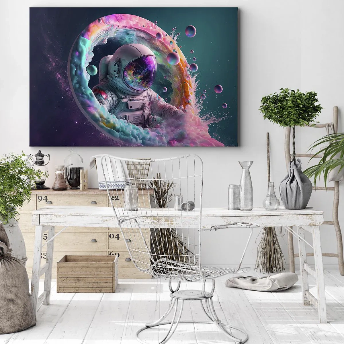 Quadro em tela - Astronauta em uma aura cósmica colorida - 70x50cm - Portão estrela - Decoração de parede moderna para a sala de estar e quarto ARTTOR