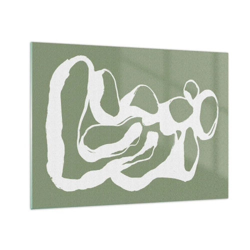 Quadro em vidro - Forma orgânica branca abstrata em um fundo verde-oliva - 70x50cm - A chamada do espaço - Decoração de parede moderna para a sala de estar e quarto ARTTOR