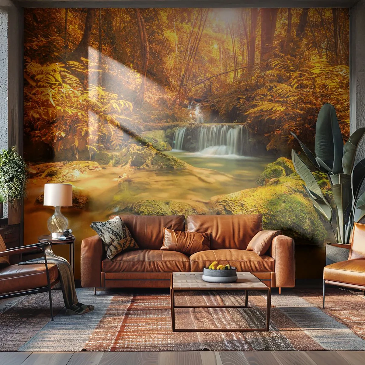 Papel de Parede Premium Canvas - Cascata na floresta em ouro - Paisagem, Cachoeira, Tailândia - 250x175 cm