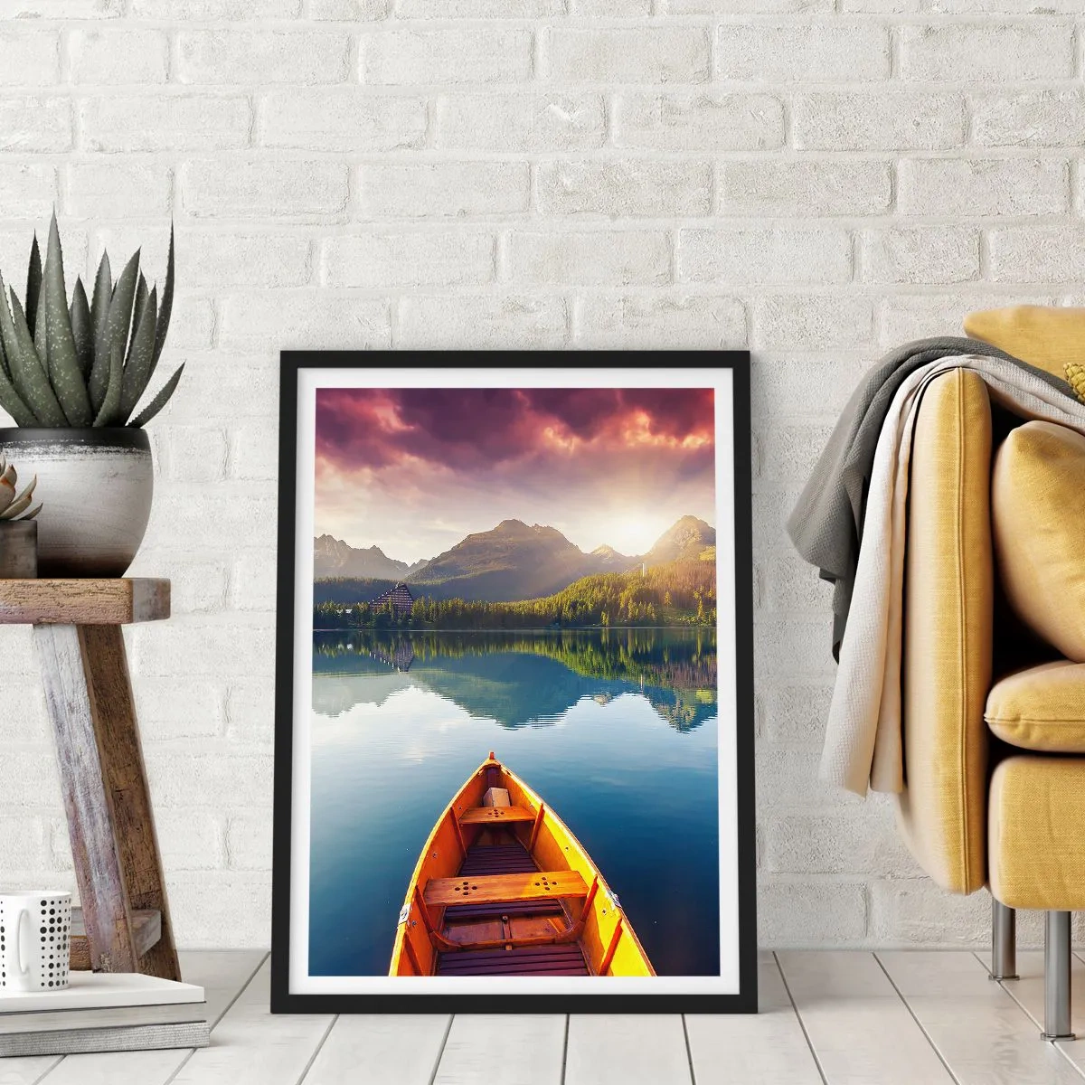 Pôster com moldura preta - Um barco em um lago com vista para a montanha ao pôr do sol - 50x70cm - Nada contra a natureza - Decoração de parede moderna para a sala de estar e quarto ARTTOR