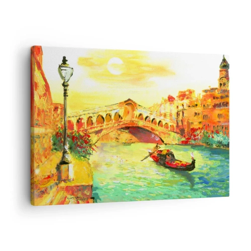 Quadro em tela - Uma ponte pitoresca sobre o canal com uma gôndola à luz do pôr do sol - 70x50cm - Romaria dos amantes - Decoração de parede moderna para a sala de estar e quarto ARTTOR