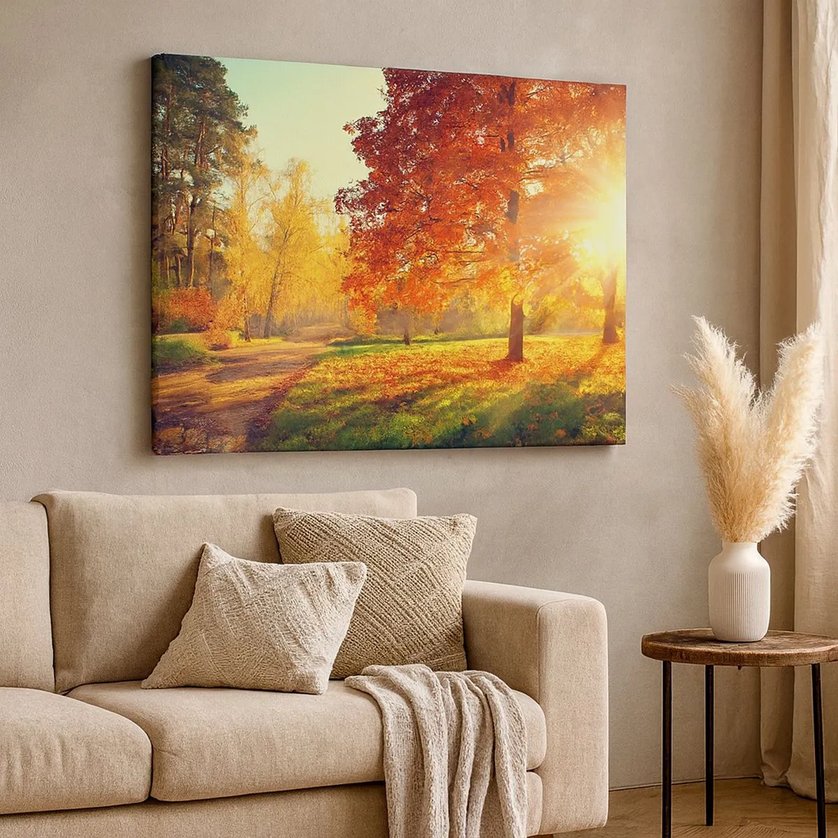 Quadro em tela - Parque de outono iluminado pela luz do sol - 70x50cm - O vermelho é lindo - Decoração de parede moderna para a sala de estar e quarto ARTTOR
