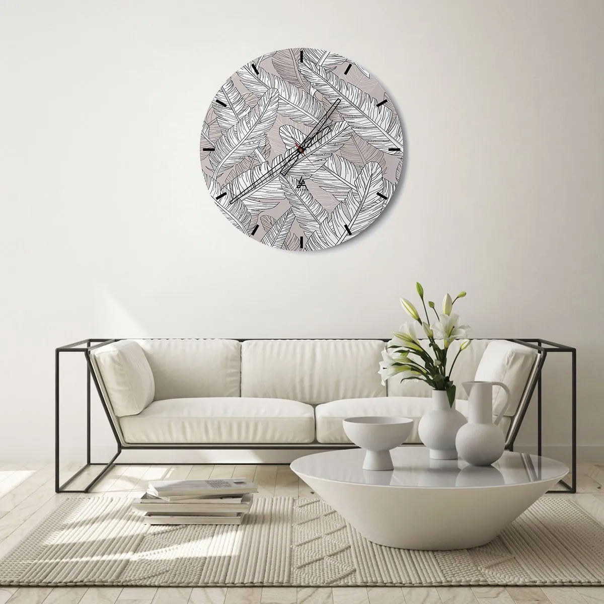 Relógio de parede - Relógio em vidro - Folhas de bananeira pretas e brancas sobre fundo claro - 30x30cm - Turbilhão de penas - Decoração de parede moderna para a sala de estar, cozinha e quarto ARTTOR