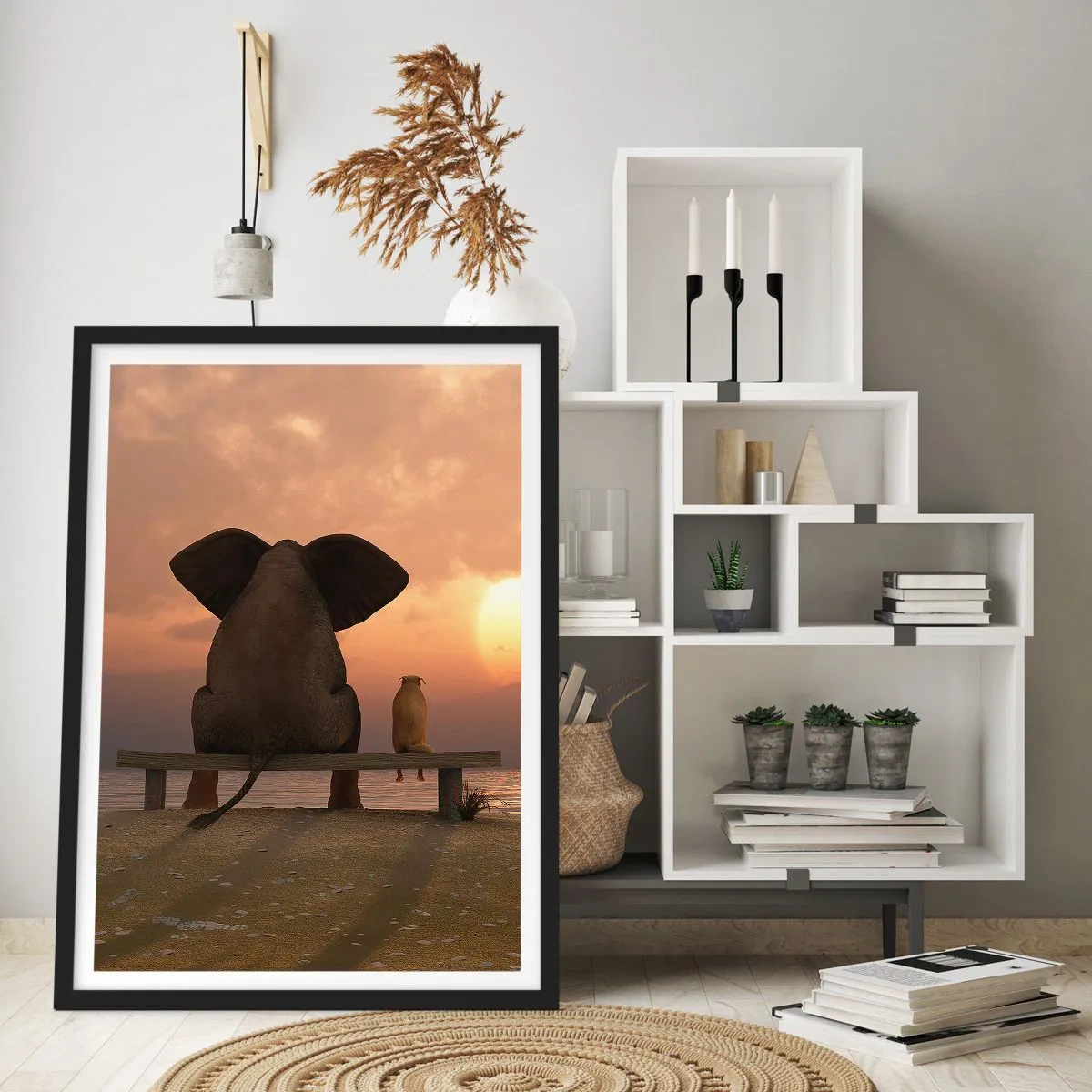 Pôster com moldura preta - Elefante e cachorro em um banco ao pôr do sol - 50x70cm - Como é bom ficarmos em silêncio juntos - Decoração de parede moderna para a sala de estar e quarto ARTTOR