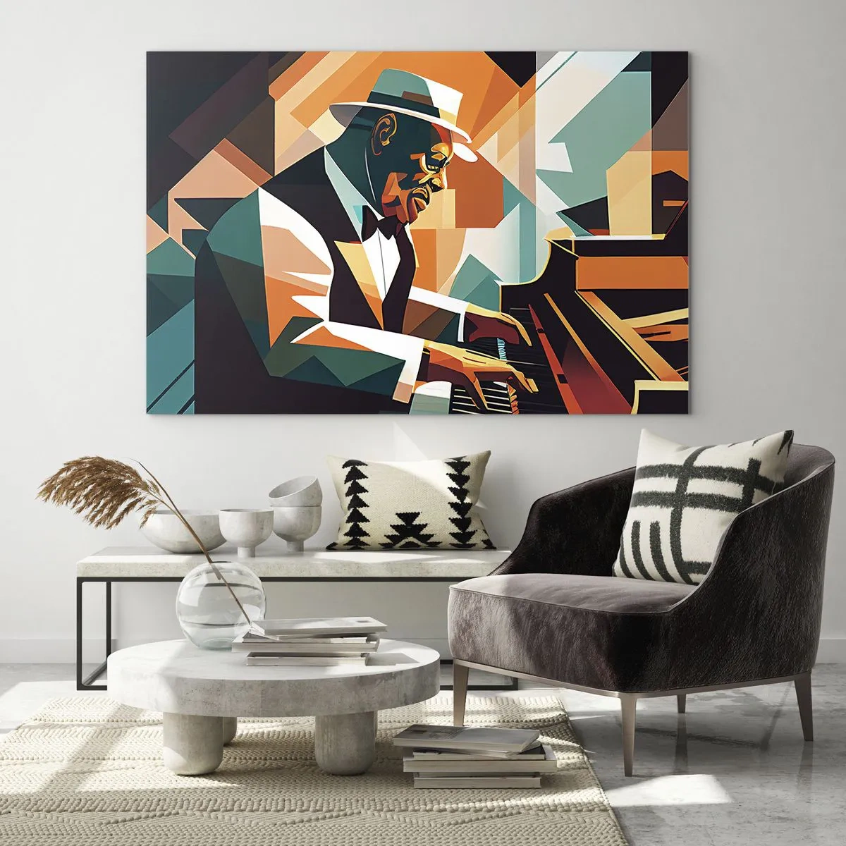 Quadro em vidro - Um retrato colorido de um pianista de estilo jazz - 70x50cm - Todo aquele jazz - Decoração de parede moderna para a sala de estar e quarto ARTTOR