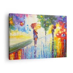 Quadro em tela - Um passeio com um guarda-chuva em uma paisagem chuvosa e colorida - 70x50cm - E tudo está claro - Decoração de parede moderna para a sala de estar e quarto ARTTOR