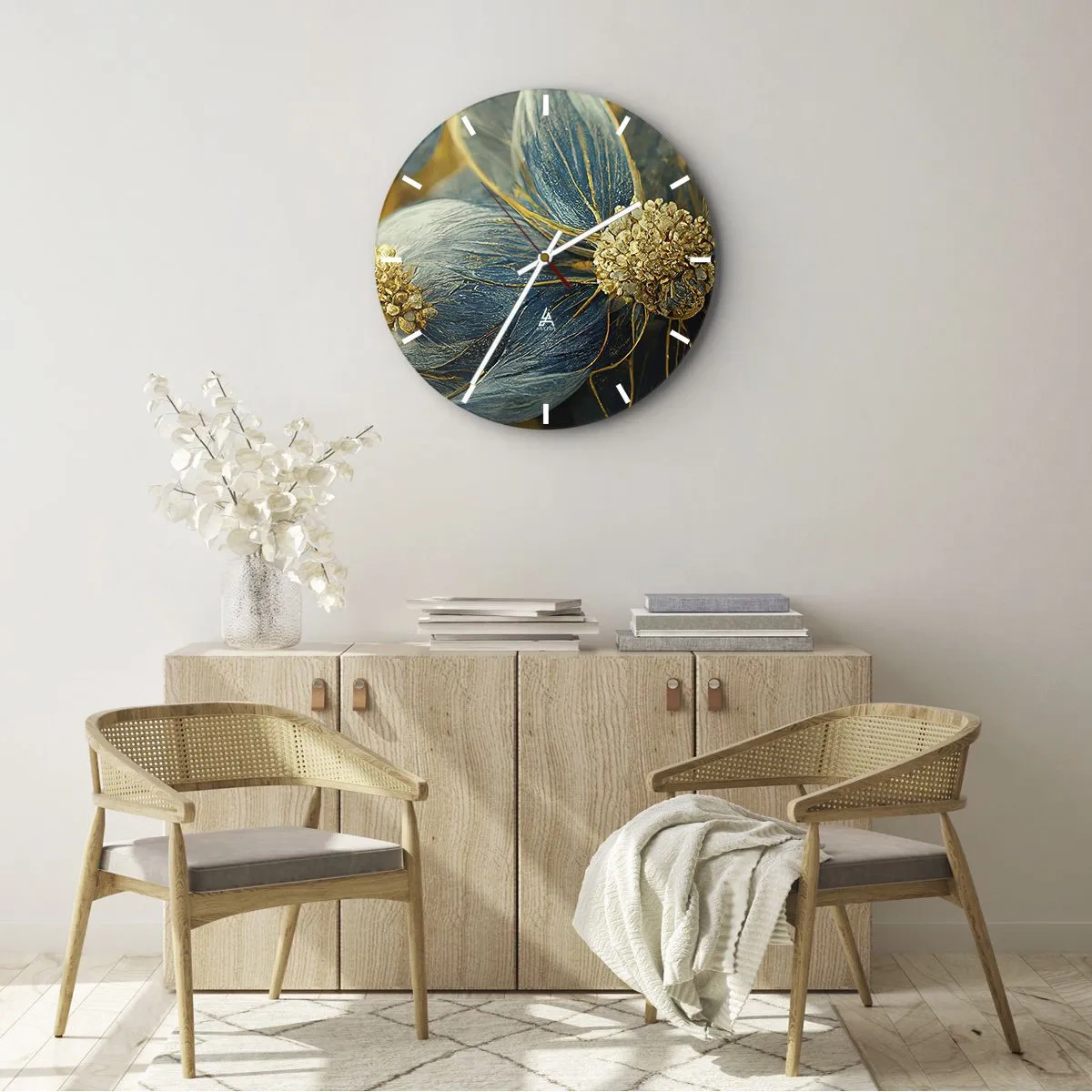 Relógio de parede - Relógio em vidro - Uma flor nas cores ouro e azul - 30x30cm - Florescer com ouro - Decoração de parede moderna para a sala de estar, cozinha e quarto ARTTOR