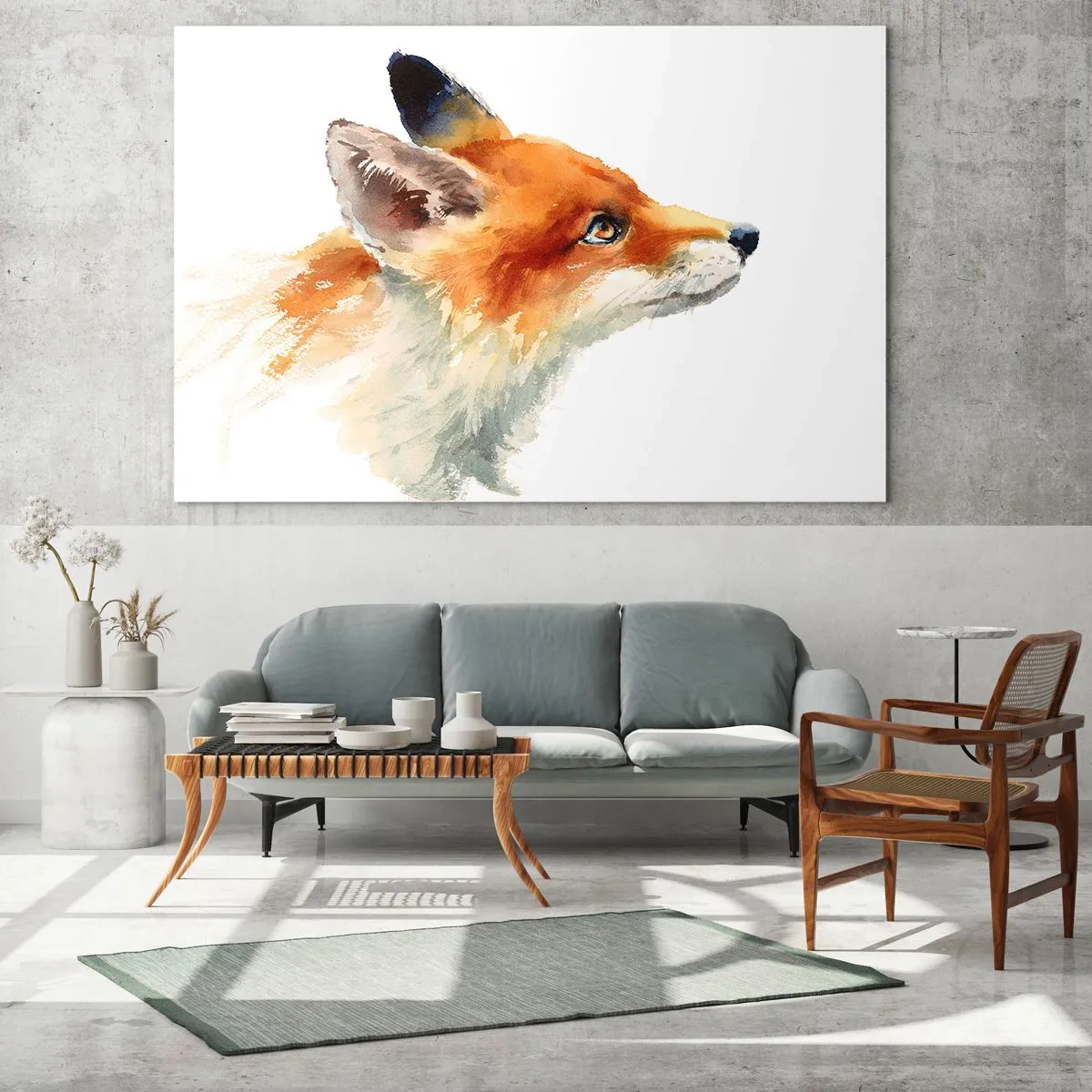 Quadro em vidro - Ilustração em aquarela de uma raposa olhando para longe - 70x50cm - Nunca é demais ter cuidado - Decoração de parede moderna para a sala de estar e quarto ARTTOR