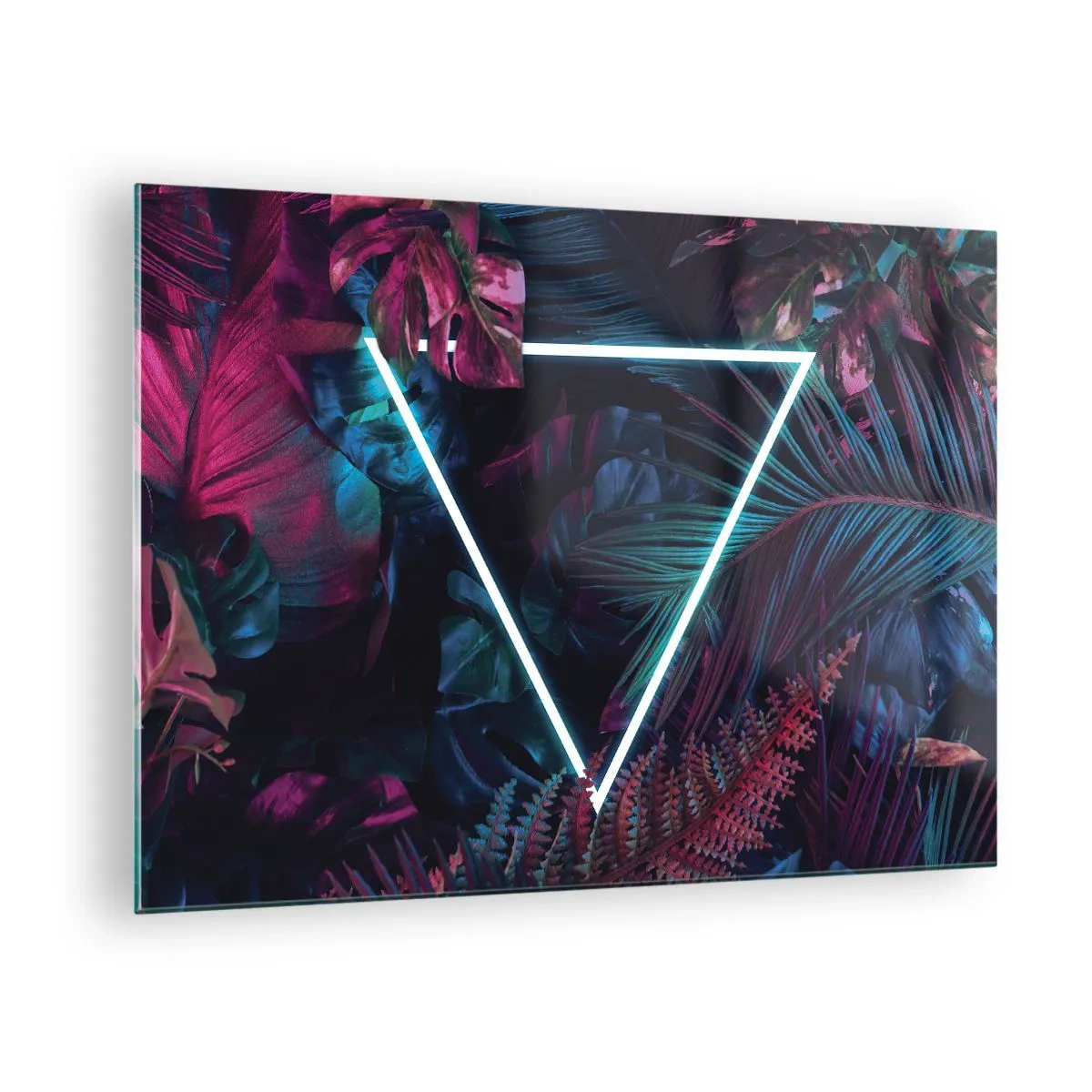 Quadro em vidro - Um triângulo neon cercado por plantas tropicais em tons de rosa e azul. - 70x50cm - Jardim estilo discoteca - Decoração de parede moderna para a sala de estar e quarto ARTTOR