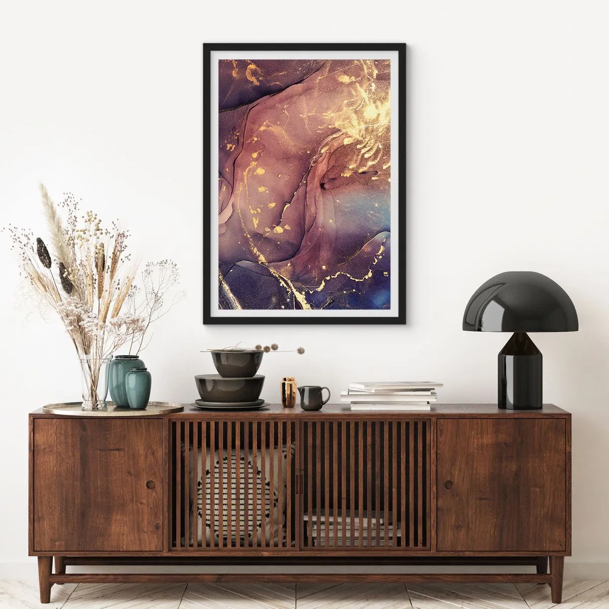 Pôster com moldura preta - Uma composição abstrata com tons de dourado e marrom em um estilo artístico. - 50x70cm - Matéria e espírito - Decoração de parede moderna para a sala de estar e quarto ARTTOR