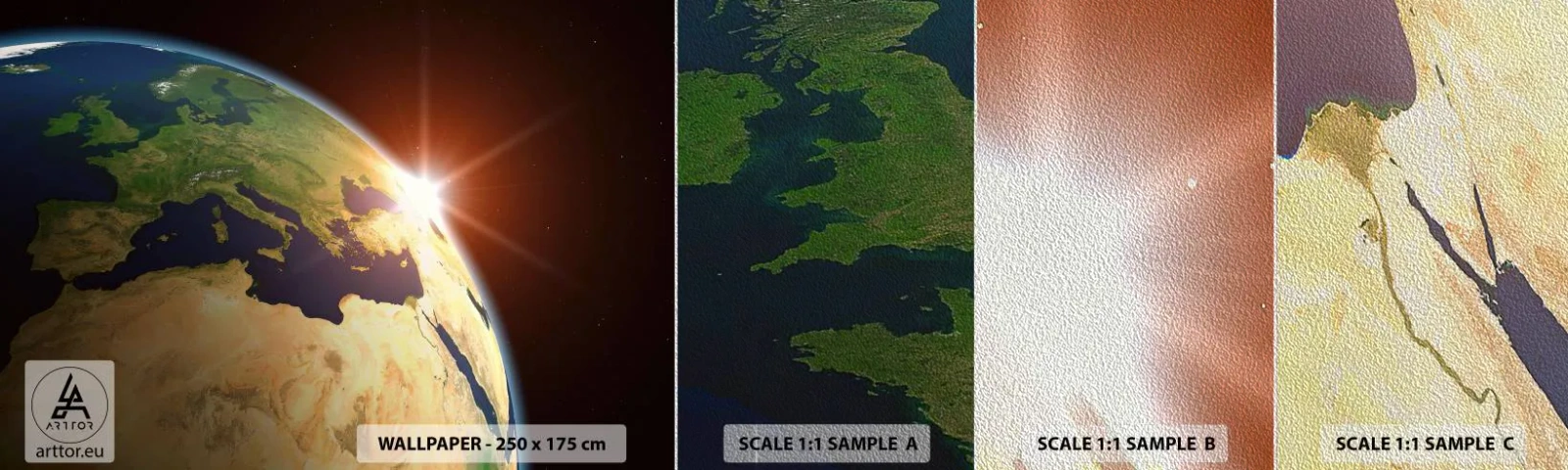 Amostra de papel de parede Premium Sand - Nascer do Sol - Cosmos, Globo, Continentes - 100x30 cm