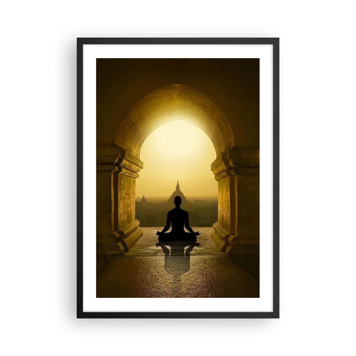 Pôster com moldura preta - Uma figura meditando no arco de um templo tendo como pano de fundo o sol nascente - 50x70cm - Harmonia completa - Decoração de parede moderna para a sala de estar e quarto ARTTOR