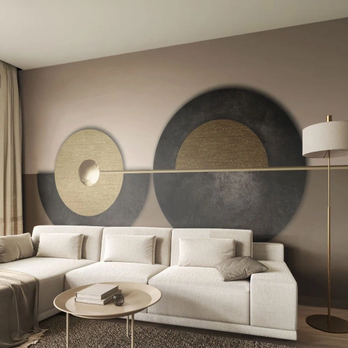 Papel de Parede Standard Eco - Composição geométrica de círculos em dourado e preto - 100x70cm - Variações ao redor do círculo - Decoração de parede moderna para a sala de estar e quarto ARTTOR