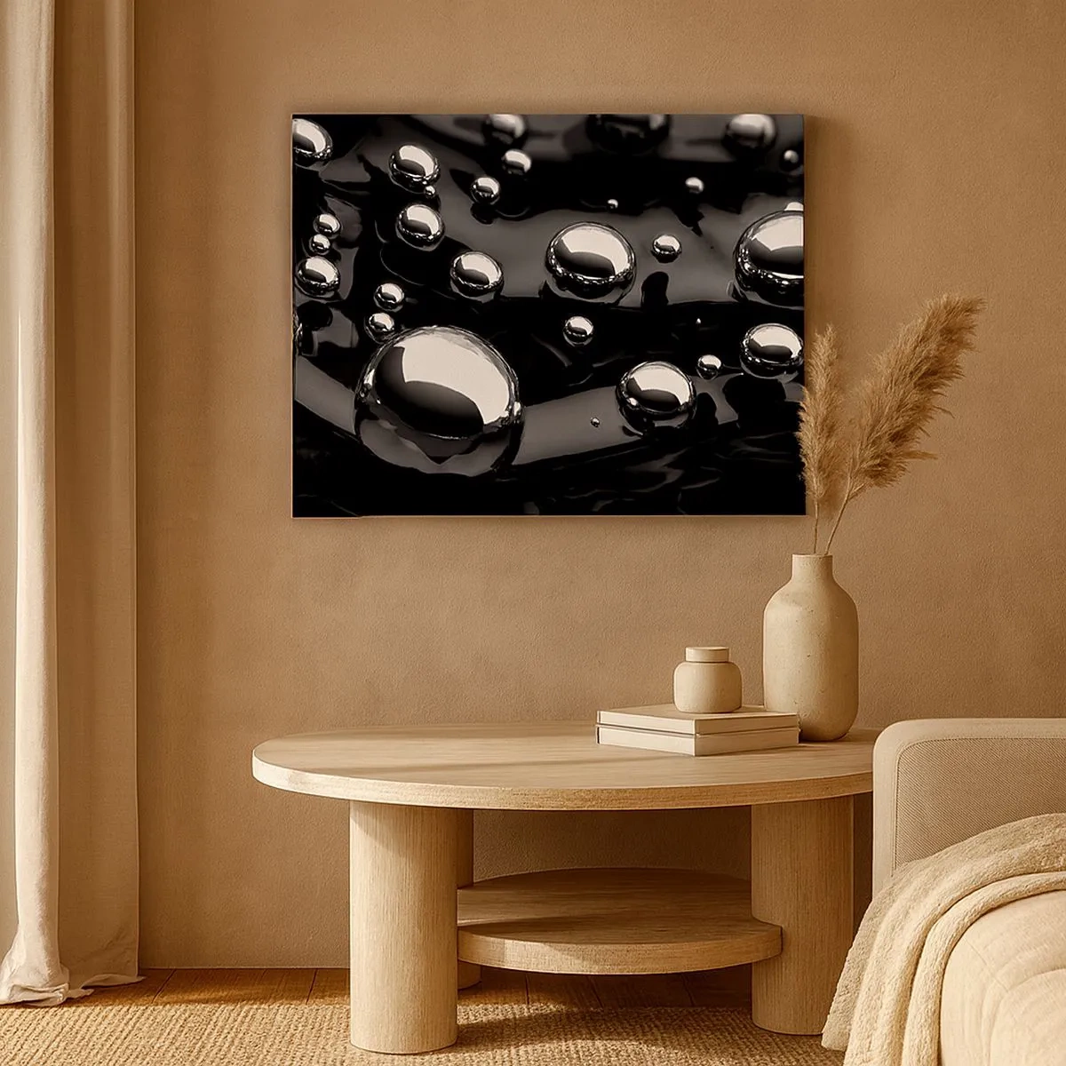 Quadro em tela - Gotas abstratas em uma superfície preta - 70x50cm - Das profundezas negras - Decoração de parede moderna para a sala de estar e quarto ARTTOR
