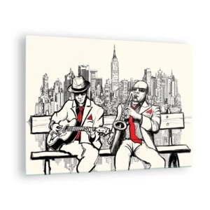 Quadro em vidro - Dois músicos de jazz tocando tendo como pano de fundo o horizonte da cidade - 70x50cm - Improvisação nova-iorquina - Decoração de parede moderna para a sala de estar e quarto ARTTOR