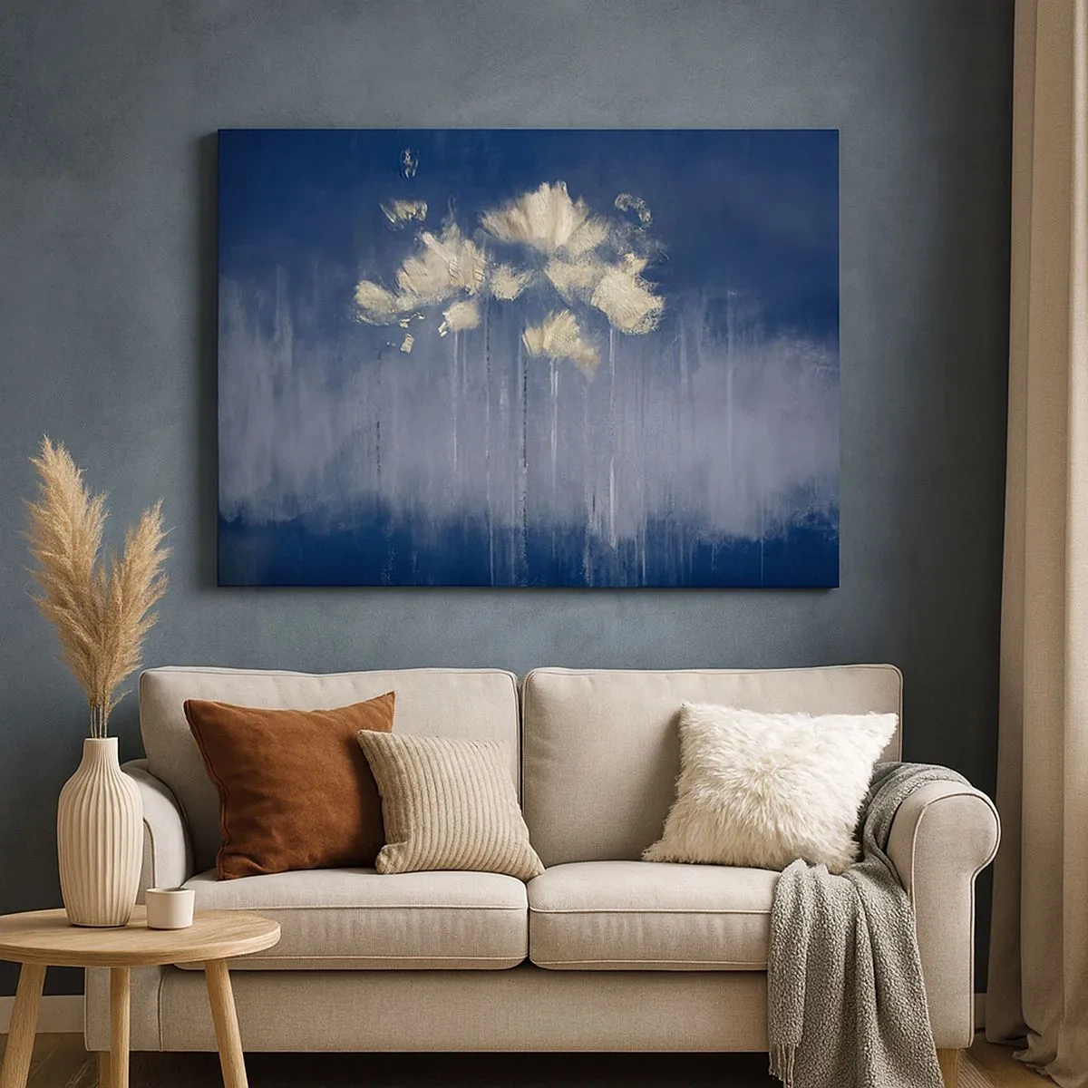 Quadro em tela - Flores delicadas em um fundo azul - 70x50cm - Como pétalas ao vento - Decoração de parede moderna para a sala de estar e quarto ARTTOR