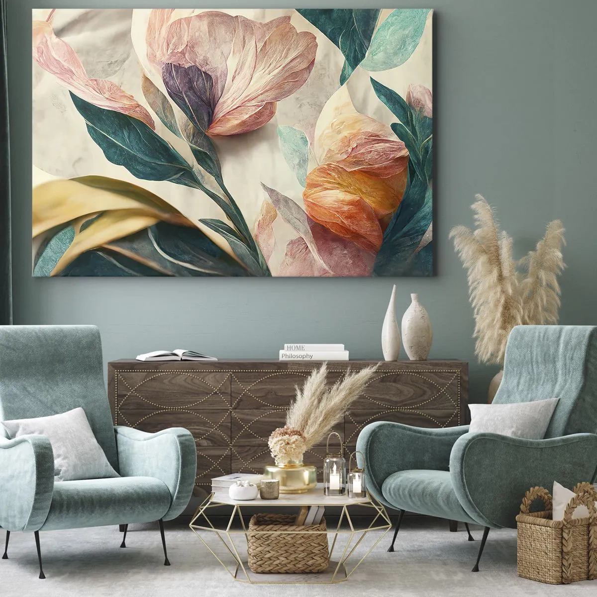 Quadro em tela - Flores coloridas de estilo tropical em um fundo claro - 70x50cm - Flores das ilhas do sul - Decoração de parede moderna para a sala de estar e quarto ARTTOR