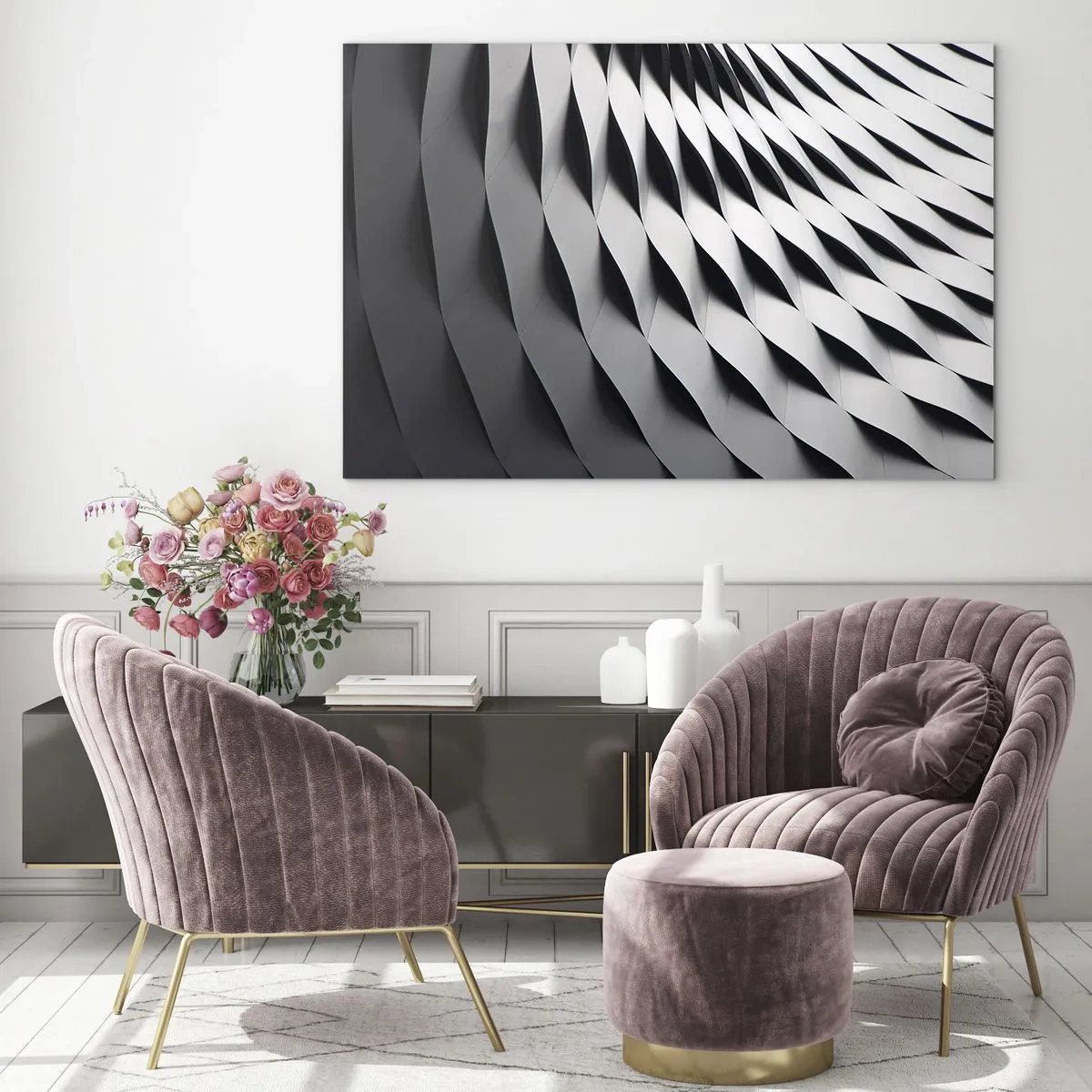Quadro em vidro - Uma estrutura abstrata em preto e branco que lembra formas onduladas. - 70x50cm - Na superfície das ondas - Decoração de parede moderna para a sala de estar e quarto ARTTOR
