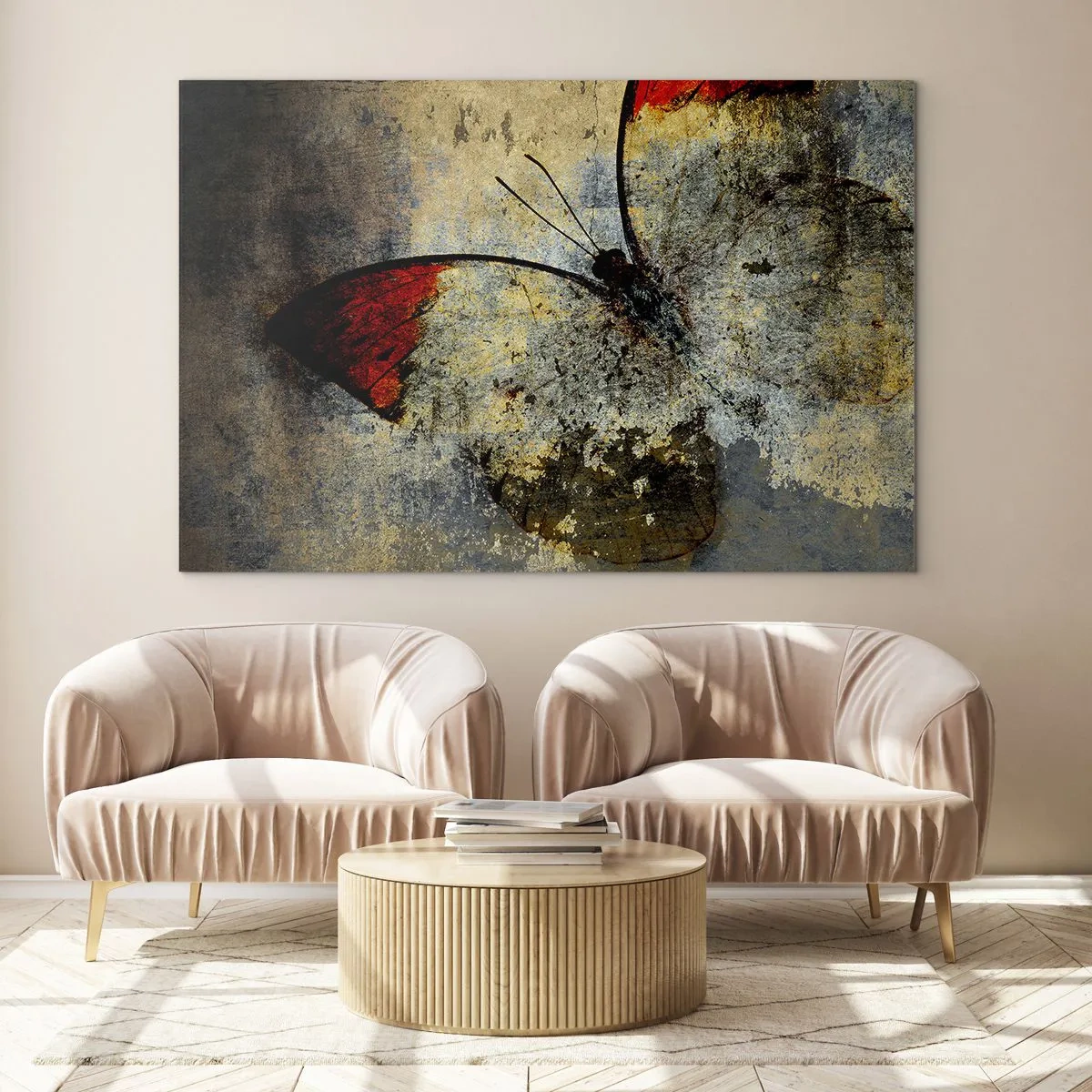 Quadro em vidro - Borboleta abstrata em um fundo envelhecido - 70x50cm - Olhe antes que desapareça - Decoração de parede moderna para a sala de estar e quarto ARTTOR