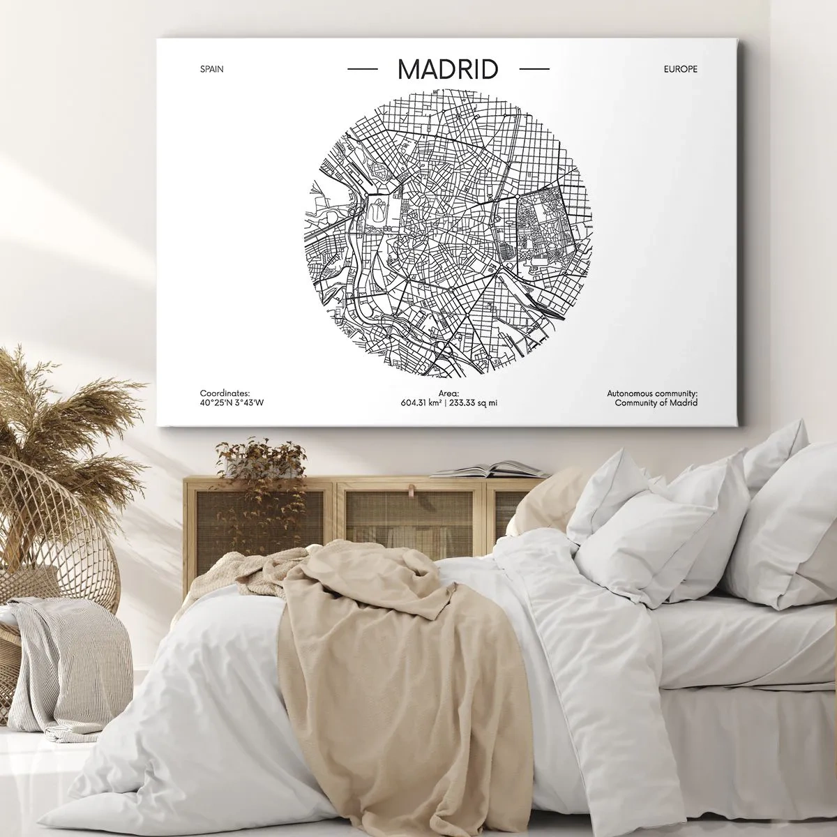Quadro em tela - Mapa de Madrid em estilo minimalista em preto e branco - 70x50cm - Anatomia de Madri - Decoração de parede moderna para a sala de estar e quarto ARTTOR